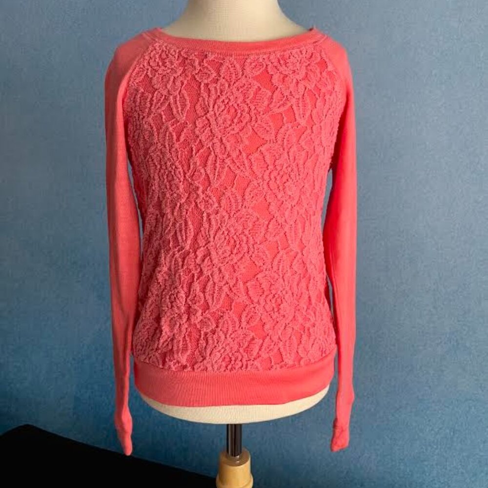 Arizona Girls Size M (8) Coral with lace overlay Long Sleeve Sweater